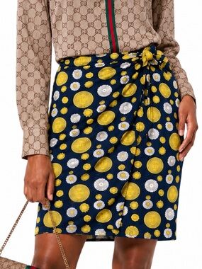 GUCCI 1978-1982 Celestial Suns & Moons Navy Blue Wrap Skirt US 8 Medium